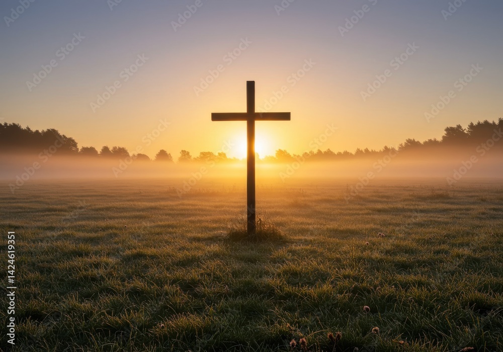 Wooden cross in grassy field at sunrise with golden glow and soft rays Wooden cross in grassy field at sunrise with golden glow and soft rays