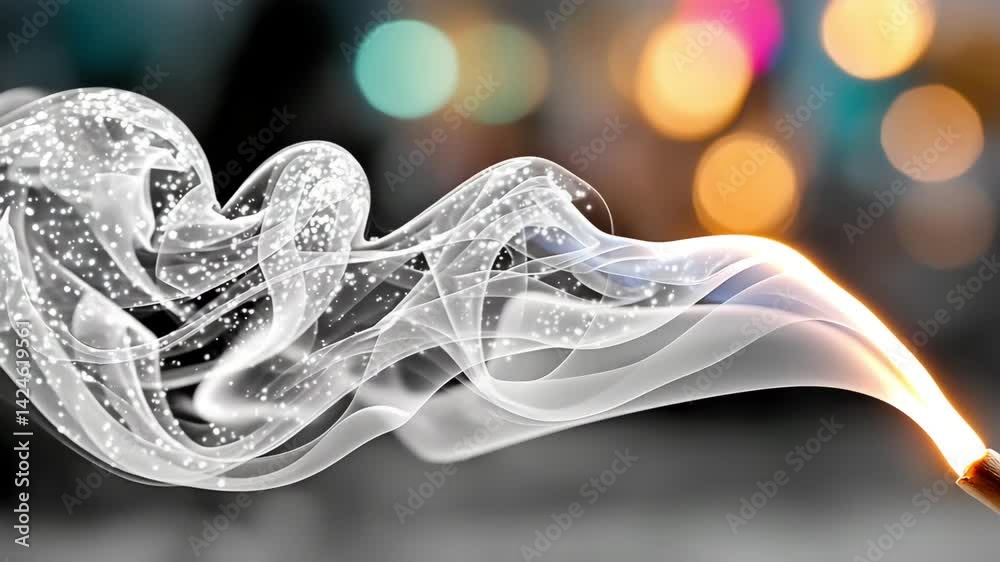 Silken tendrils of smoke curling in hypnotic swirls, illuminated by a razor-thin light beam radiating ethereal texture, glowing particles drifting through inky void with prismatic refractions and shad