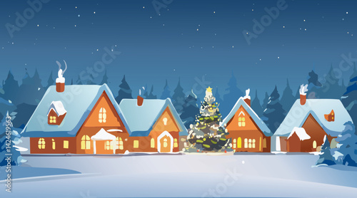 Cozy village scene with snow-covered houses illuminated by festive lights and warm window glow
