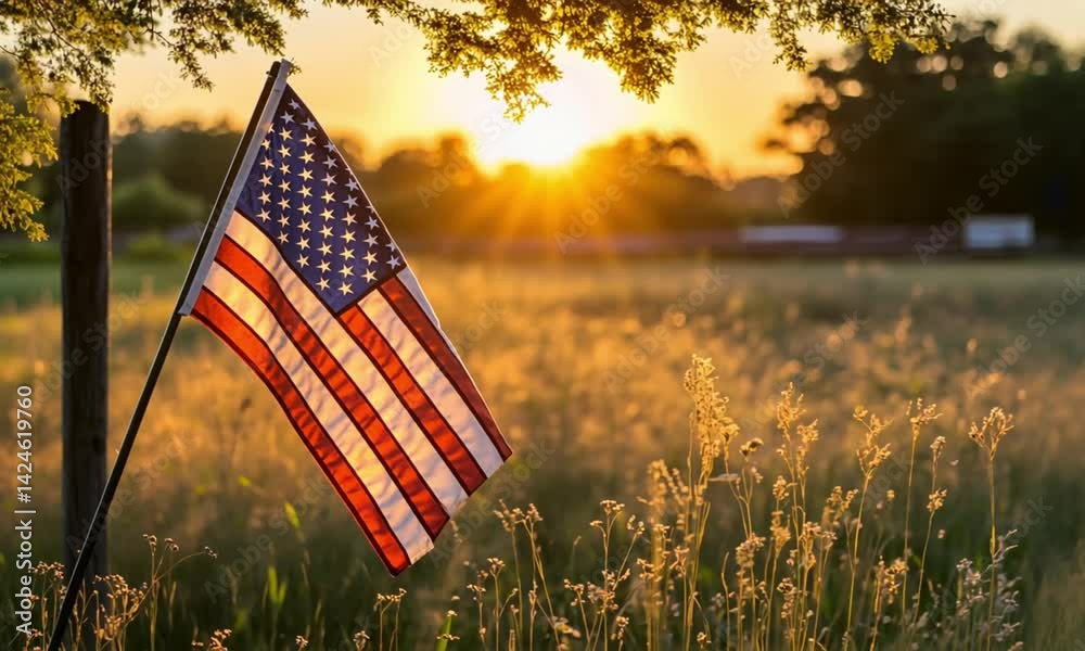 Patriotic Sunset: American Flag in a Golden Field