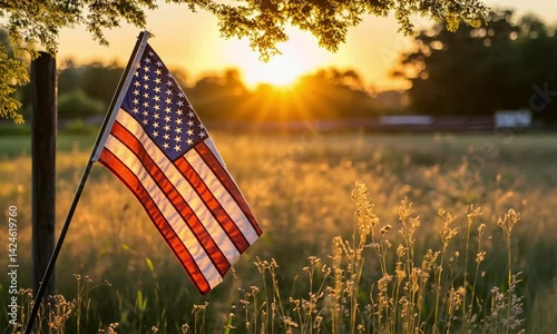Patriotic Sunset: American Flag in a Golden Field