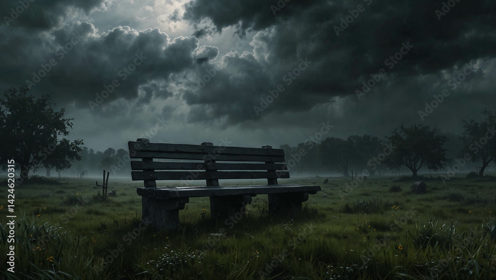 Empty bench in dark and isolated landscape. Grief, sadness, or quiet place concept. Copy space. Empty bench in dark and isolated landscape. Grief, sadness, or quiet place concept. Copy space.