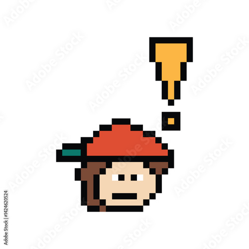Cute pixel cartoon character man notice with exclamation mark decoration 8 bit male boy surprise idea exclamation alert cartoon pixel video game 8bit png vector.