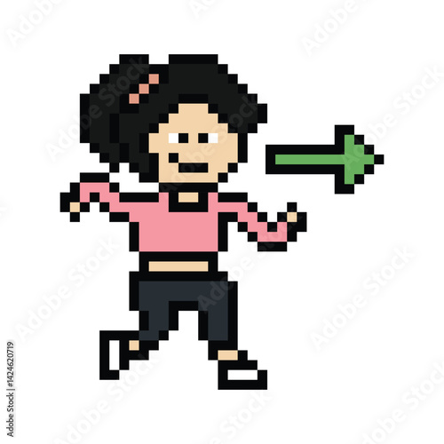 Cute cartoon run exercise pixel cartoon 8bit character woman lady run running jog cardio lifestyle decoration life style 8 bit female jog marathon exercise game 8 bit game vector.