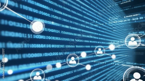 Digital code and data processing animation over dark blue background. Technology, coding, futuristic, abstract, cybersecurity