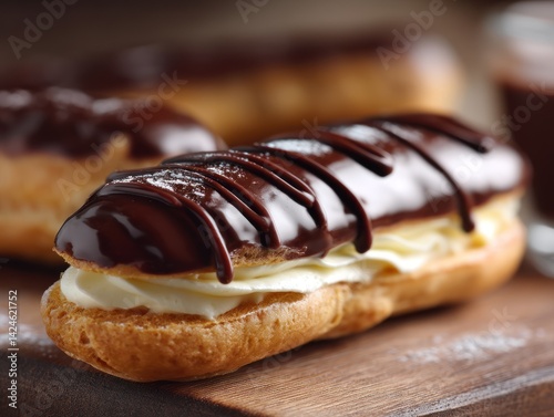 Delicious chocolate-glazed cream puffs on a wooden board. photo