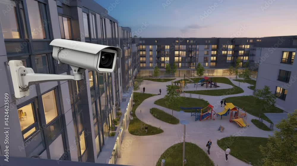 Modern residential apartment complex courtyard with green space and playground under surveillance of a security camera, highlighting urban safety, technology and community living in the evening light.