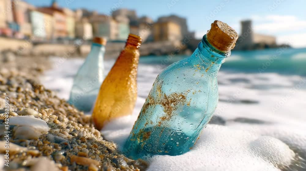Quiet shoreline - solemn, reflective - plastic bottles and wrappers scattered across the sand, waves gently washing up - peaceful yet polluted setting, highlighting environmental neglect amidst natura