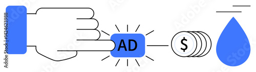Hand triggers ad button, coins symbolize revenue, water drop as tangible outcome. Ideal for marketing, ROI, advertising, PPC campaigns, digital revenue, results-driven strategies flat simple