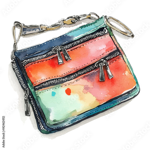 Travel neck wallet with multiple zippers, watercolor illustration, isolated on a white background.

