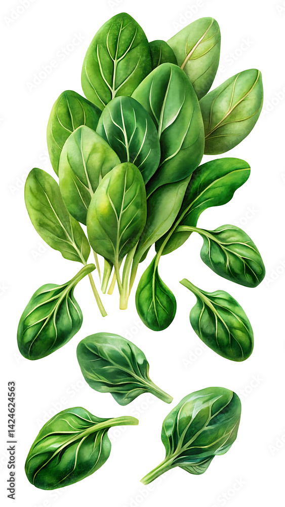 Lush Watercolor Illustration of Fresh Spinach Leaves on a transparent background Lush Watercolor Illustration of Fresh Spinach Leaves on a transparent background
