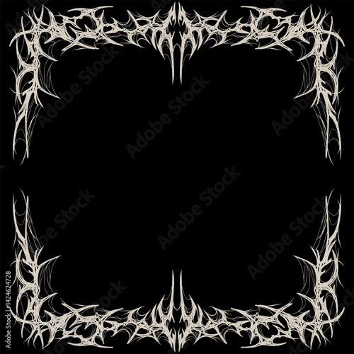 Tribal frame border with intricate symmetrical spikes, sleek beige vector art ideal for edgy logos, apparel, and digital designs