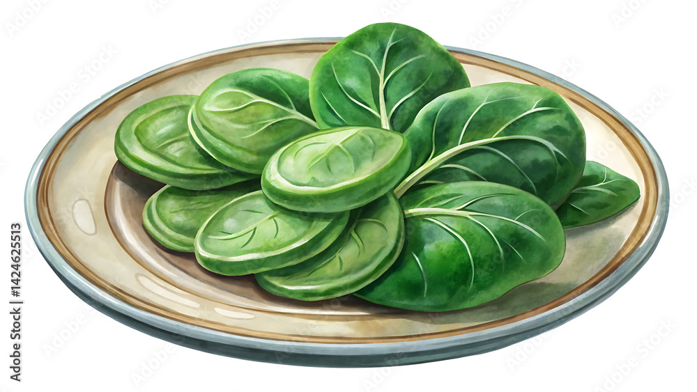 Obraz premium Fresh vibrant green spinach leaves arranged artfully on a ceramic plate