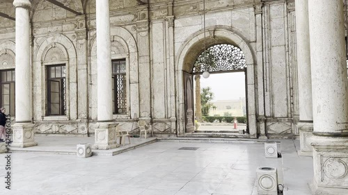 Capture the Mohammed Ali Mosque courtyard columns, showcasing the alabaster beauty and Cairo citadel view. Ideal for projects highlighting Islamic architecture and art.