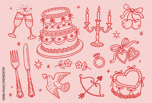 Whimsical Wedding Doodle. Hand-Drawn Ink Vector Set of Romantic Icons