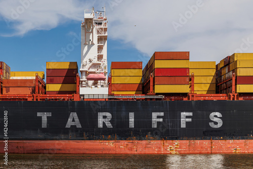 Cargo ship with containers and the word TARIFFS on its side, symbolizing global trade, export taxes, and economic policy issues