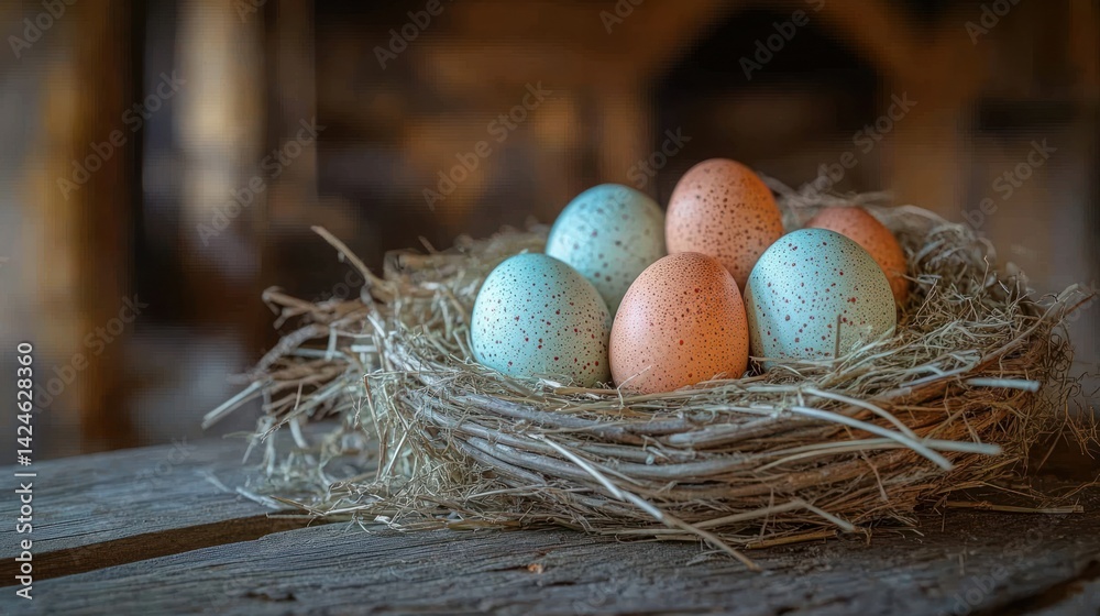 Obraz premium Colorful eggs in a rustic nest