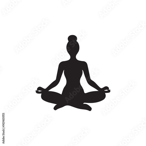 Peaceful Silhouette of a Woman in Yoga Pose.A simple, black silhouette of a woman seated in a peaceful yoga pose.