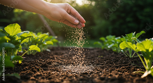 Hand sowing seeds in garden with seed planting and gardening showing a person's hand sprinkling seeds over the soil with green plants in the background photo