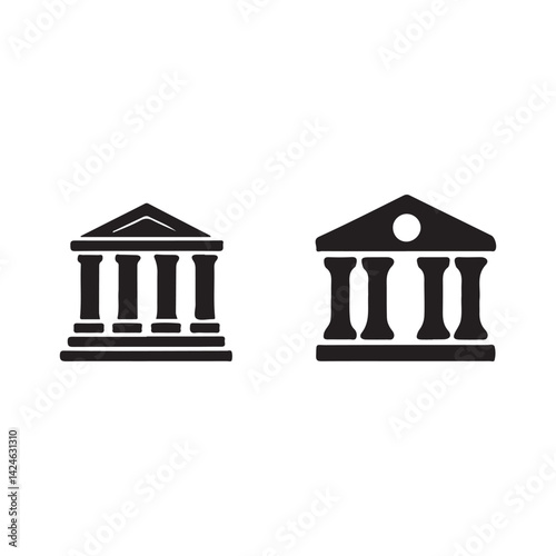 Two Classic Greek-Style Building Silhouettes.This image features two simple, black silhouettes of classic Greek-style buildings, likely temples or government buildings.