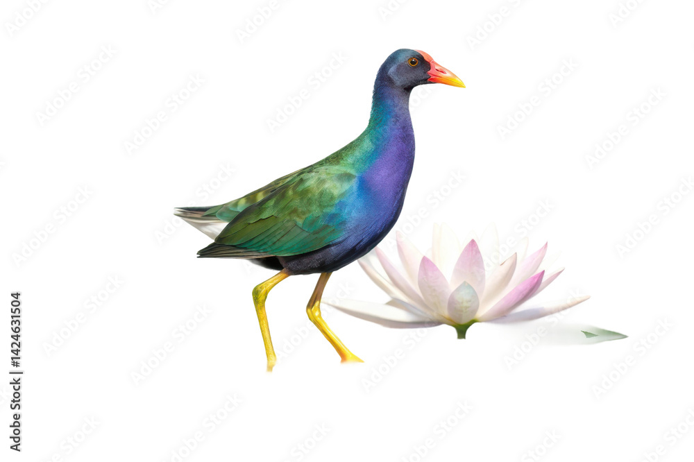 Fototapeta premium Vibrant purple gallinule near a blooming lotus flower in serene natural setting for artistic expression and design