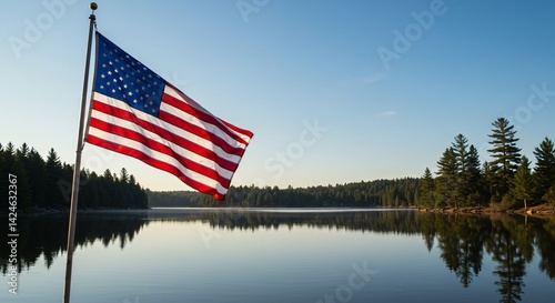 Fototapeta Naklejka Na Ścianę i Meble -  American Flag waving over calm lake at sunrise in scenic landscape