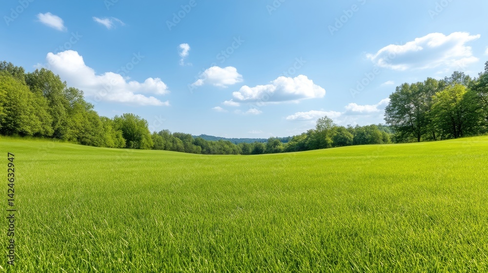 Obraz premium Green Meadow Lush Foliage Vibrant Landscape High-Definition Wide Shot Rolling Hills Peaceful Serenity Sunny Day Idyllic Rural Scene Bright Vivid Tones Perfect for Travel Brochures