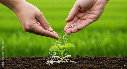 Plant growth with fertilizer application by hands in soil and green grass background for agriculture and gardening concept