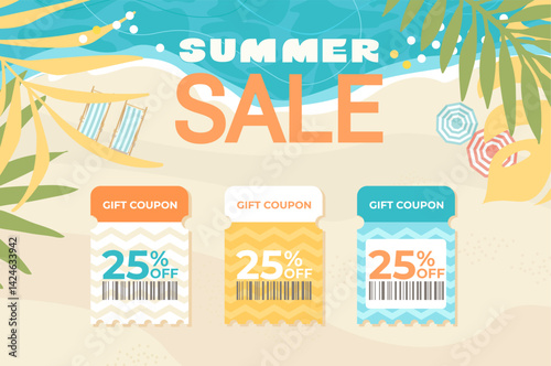 Summer sale banner with templates of voucher coupon.Sea, beach,tropical leaves and gift coupon.Template discount coupons tickets card for web,design,social media,business promo,online purchases.Vector