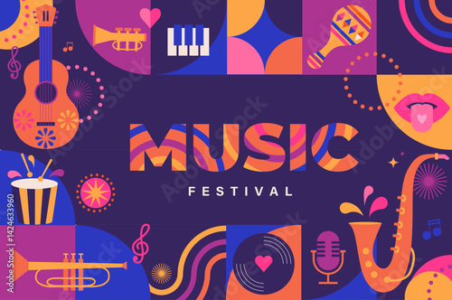 Summer music festival. Musical fest party,concept of live music event, jazz and rock concert.Music poster with instrument. Template for banner, flyer,invitation, card, social media post, cover.Vector