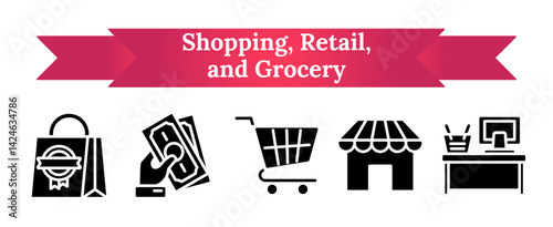 Shopping - retail, grocery and and payment icon sheet vector glyph