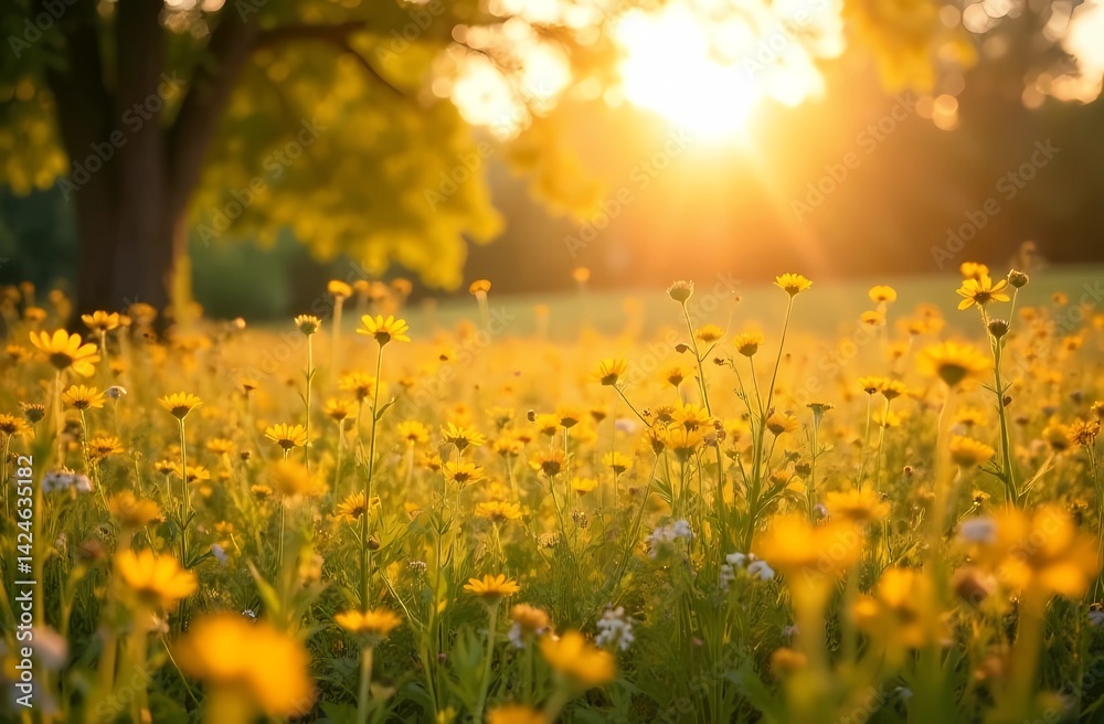 Flower meadow with sun rays and bokeh - nature background banner with copy space, summer/spring, greeting card, wildflowers, summer/spring flowers. Summer Solstice. Flower meadow with sun rays and bokeh - nature background banner with copy space, summer/spring, greeting card, wildflowers, summer/spring flowers. Summer Solstice.