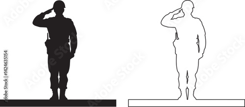 Saluting Soldier Silhouette Outline Vector Illustration, minimalist vector art in black and white simple flat design honoring patriotism