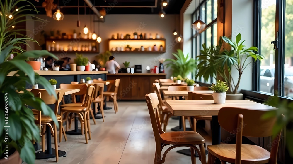 Elegant restaurant with cozy atmosphere and plants in a modern cafe - warm atmosphere Elegant restaurant with cozy atmosphere and plants in a modern cafe - warm atmosphere