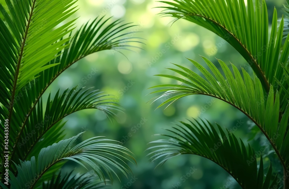 Fototapeta premium Palm leaves on green background with copy space. Summer theme.