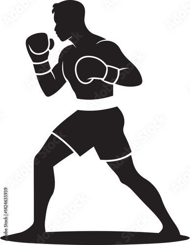 Dynamic Boxing Stance Silhouette with Gloves and Shorts, a boxer in a striking stance, delivering a punch