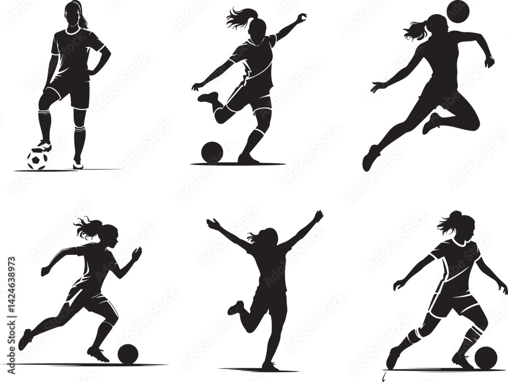 Fototapeta premium Female soccer player silhouette collection in action poses kicking and running with ball