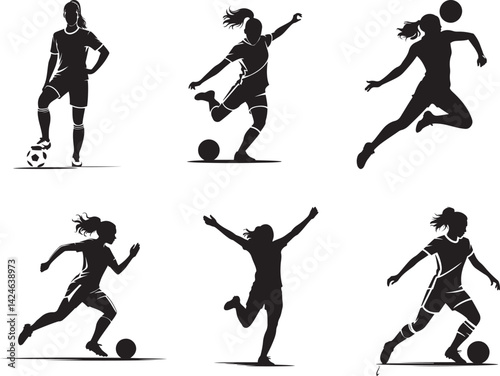 Female soccer player silhouette collection in action poses kicking and running with ball