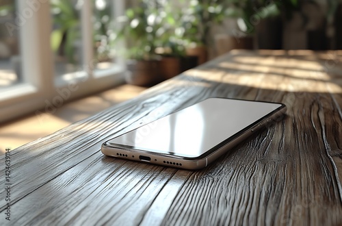 Sleek Smartphone on Wooden Table with Sunlight Reflection – High-Resolution Mockup Surrounded by Green Plants for Tech and Product Branding

