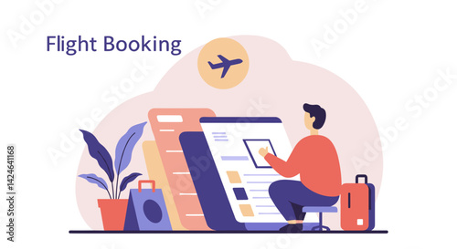 Person booking a flight using a digital device in a modern workspace  