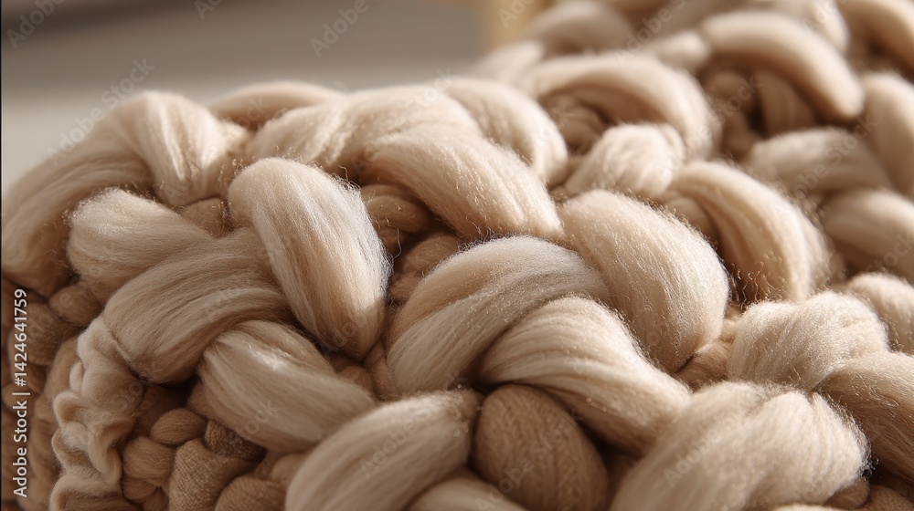 Chunky knit wool fabric showcasing intricate textures and warm tones in a cozy indoor setting Chunky knit wool fabric showcasing intricate textures and warm tones in a cozy indoor setting