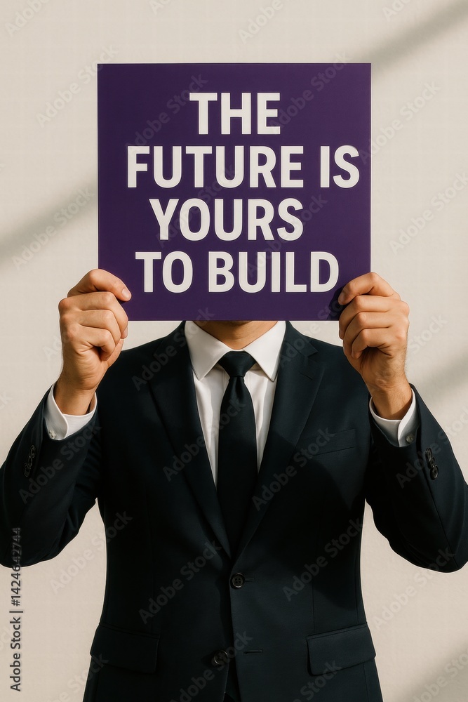 A businessman in a suit holds a sign reading A businessman in a suit holds a sign reading