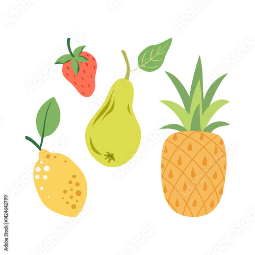 Summer fruits simple vector illustration. Pineapple, pear, strawberry, and lemon fruits. Vegan natural, organic plant food for menu, card, poster, banner, package. Flat illustration set.
