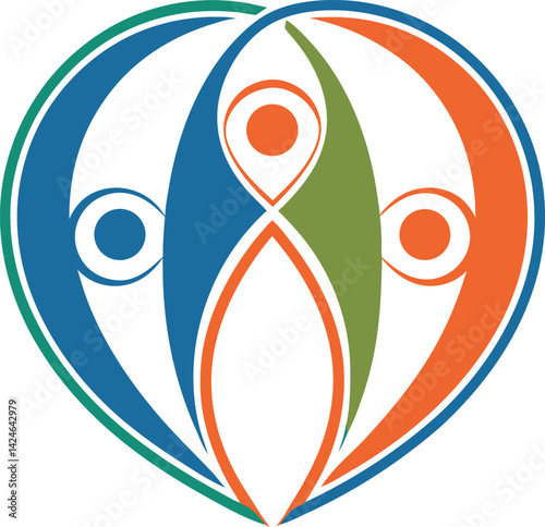 Abstract logo, stylized human figures, heart shape 