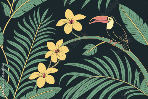 54 Tropical floral pattern, lush green palm leaves, vibrant yellow flowers, pink orchids, black background, seamless repeat design, botanical illustration, exotic jungle foliage, colorful tropical bir