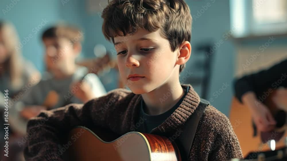 Young boys playing guitar in music class ensemble
