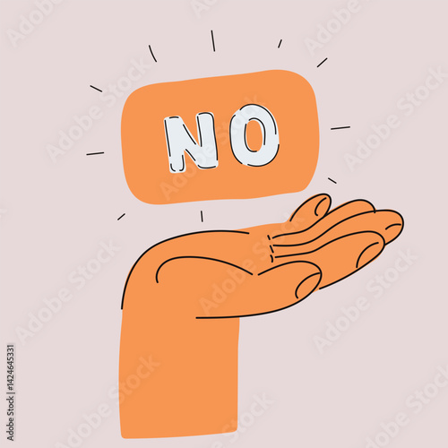 Cartoon vector illustration of a hand holding a "No" sign, symbolizing refusal and standing firm