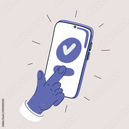 Cartoon vector illustration of a finger pressing the "Approve" button on a smartphone screen, symbolizing decision-making and affirmation