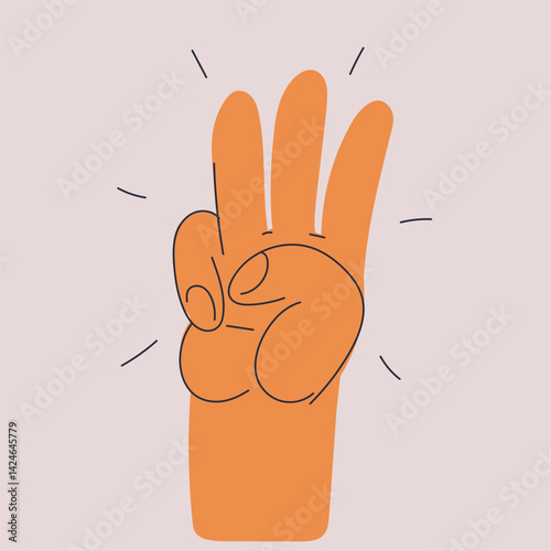 Cartoon vector illustration of a hand showing three fingers, symbolizing the number three, progress, and step-by-step growth