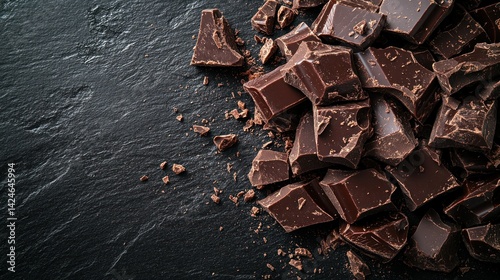 Dark chocolate pieces on a slate background